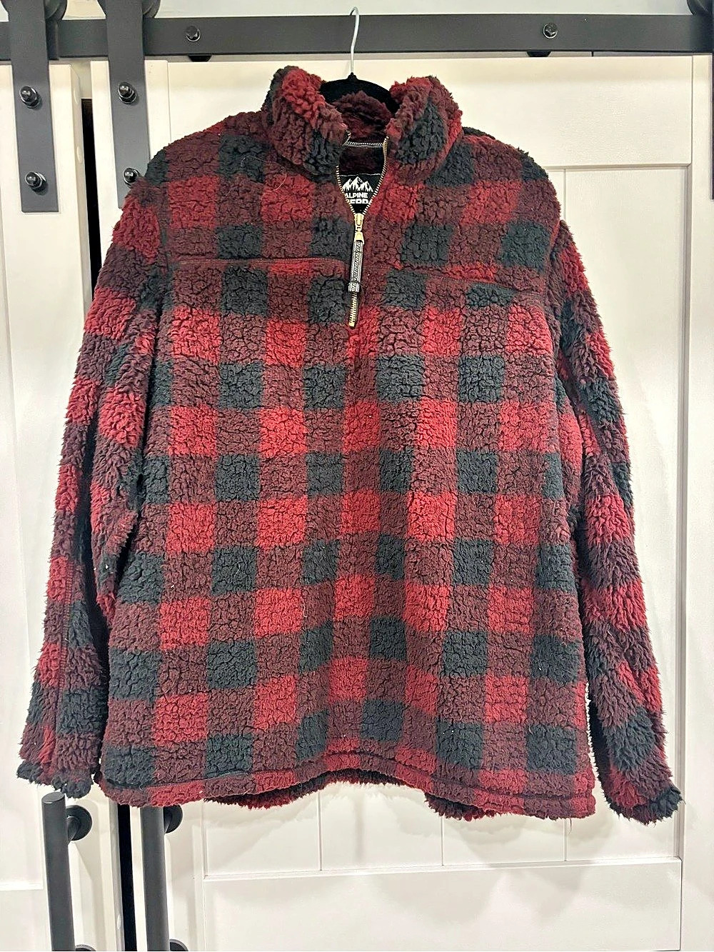 Alpine Sherpa Buffalo Plaid Quarter Zip Fleece Pullover Red & Black XL